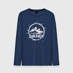 Лонгслив хлопковый мужской Сахалин горы у воды, цвет: тёмно-синий