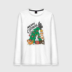 Лонгслив хлопковый мужской Merry catmas, цвет: белый