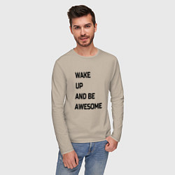 Лонгслив хлопковый мужской Wake up and be awesome, цвет: миндальный — фото 2