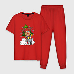 Пижама хлопковая мужская Олень на байке, цвет: красный