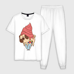 Пижама хлопковая мужская Мопс-пироженное, цвет: белый