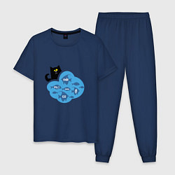 Пижама хлопковая мужская Кот программиста, цвет: тёмно-синий