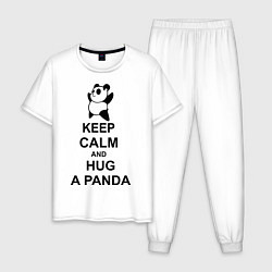 Пижама хлопковая мужская Keep Calm & Hug A Panda, цвет: белый