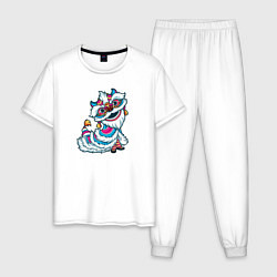Пижама хлопковая мужская Китайский танец льва, цвет: белый