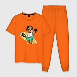 Пижама хлопковая мужская Медвежонок серфер, цвет: оранжевый