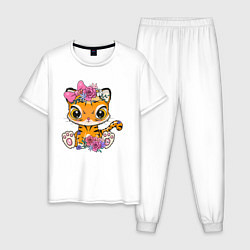 Пижама хлопковая мужская Милая тигрица с цветами, цвет: белый