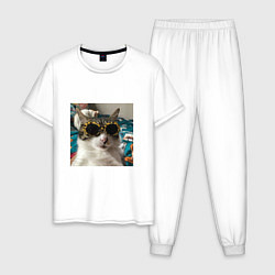 Пижама хлопковая мужская Мем про кота, цвет: белый
