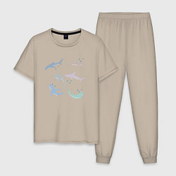 Пижама хлопковая мужская Акулы разные, цвет: миндальный
