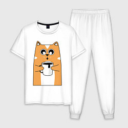 Пижама хлопковая мужская Милый кот, цвет: белый
