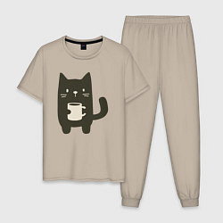 Пижама хлопковая мужская Котик с кружкой, цвет: миндальный