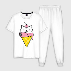 Пижама хлопковая мужская Ice Cream Cat, цвет: белый