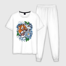 Пижама хлопковая мужская Тигр в цветах, цвет: белый
