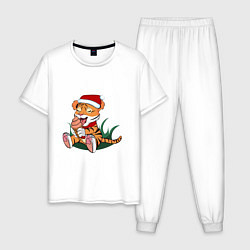 Пижама хлопковая мужская Новогодний тигр ест, цвет: белый