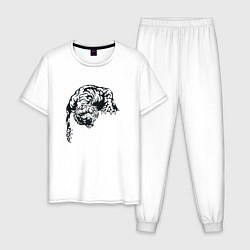 Пижама хлопковая мужская Опасный тигр Dangerous tiger черно-белый, цвет: белый
