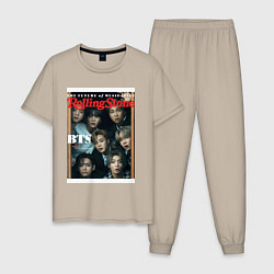 Пижама хлопковая мужская BTS БТС на обложке журнала, цвет: миндальный