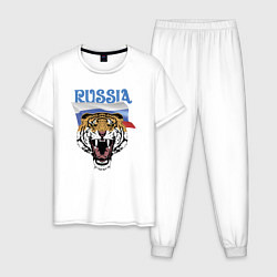 Пижама хлопковая мужская Уссурийский русский тигр, цвет: белый