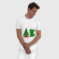 Пижама хлопковая мужская Рождественский динозавр Christmas dinosaur, цвет: белый — фото 2