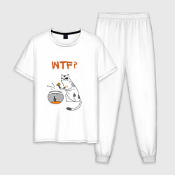 Пижама хлопковая мужская Рыбак кошак WTF?, цвет: белый