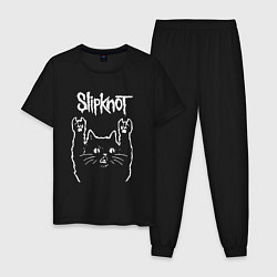 Пижама хлопковая мужская Slipknot, Слипкнот Рок кот, цвет: черный