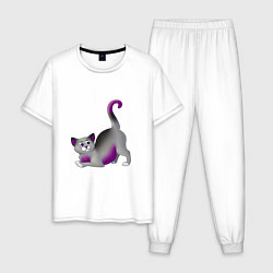 Пижама хлопковая мужская Игривая кошечка, цвет: белый