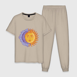Пижама хлопковая мужская Солнца и луна с лицами, цвет: миндальный
