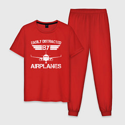 Пижама хлопковая мужская Легко отвлекается на самолеты, цвет: красный