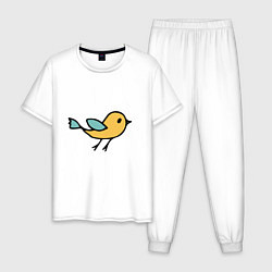 Пижама хлопковая мужская Птицы голубого и желтого цвета, цвет: белый