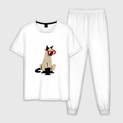 Пижама хлопковая мужская КОТ И ОЧКИ, цвет: белый