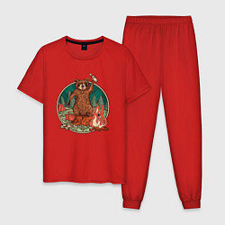 Пижама хлопковая мужская Винтажный енот на отдыхе Camping Raccoon, цвет: красный