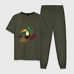 Пижама хлопковая мужская Птица Тукан на тропической ветке, цвет: меланж-хаки