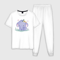 Пижама хлопковая мужская Милый Слонёнок На Полянке, цвет: белый
