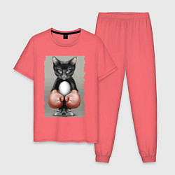 Пижама хлопковая мужская Крутой котяра в боксёрских перчатках Cool cat in b, цвет: коралловый