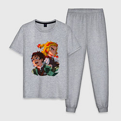 Пижама хлопковая мужская Ренгоку и Танджиро типа крутые Клинок рассекающий, цвет: меланж