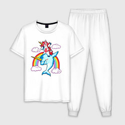 Пижама хлопковая мужская Единорог верхом на нарвале даббинг, цвет: белый