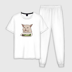 Пижама хлопковая мужская Кот с салатом из мема, цвет: белый