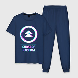 Пижама хлопковая мужская Ghost of Tsushima в стиле Glitch Баги Графики, цвет: тёмно-синий