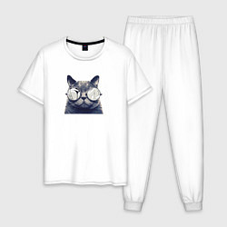 Пижама хлопковая мужская Арт кот в очках принт, цвет: белый