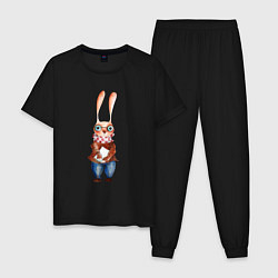 Пижама хлопковая мужская Кролик в очках, цвет: черный