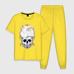Пижама хлопковая мужская Лебедь солнце цветы и череп Герб, цвет: желтый