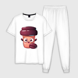 Пижама хлопковая мужская Довольный стакан с кофе, цвет: белый
