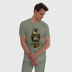 Пижама хлопковая мужская Сова с черепом на животе, цвет: авокадо — фото 2