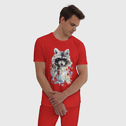 Пижама хлопковая мужская Мордочка енота - акварель, цвет: красный — фото 2