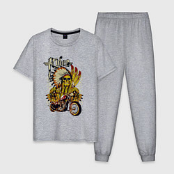 Пижама хлопковая мужская Множество черепов, байк и надпись, цвет: меланж