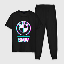 Пижама хлопковая мужская Значок BMW в стиле glitch, цвет: черный