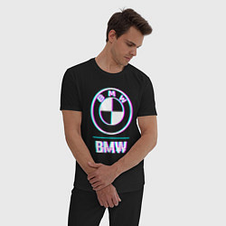 Пижама хлопковая мужская Значок BMW в стиле glitch, цвет: черный — фото 2