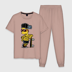 Пижама хлопковая мужская Скейтер Барт Симпсон весь в татухах, цвет: пыльно-розовый