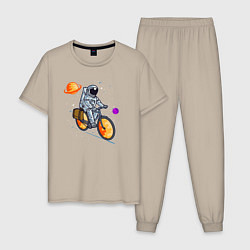 Пижама хлопковая мужская Космонавт едет на велосипеде, цвет: миндальный