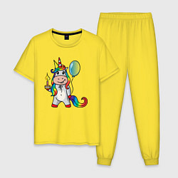 Пижама хлопковая мужская Праздничный единорог с тортиком, цвет: желтый