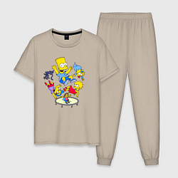 Пижама хлопковая мужская Персонажи из мультфильма Симпсоны прыгают на батут, цвет: миндальный