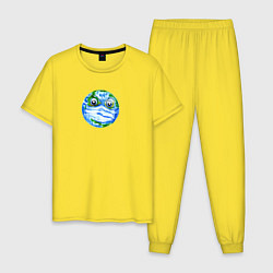 Пижама хлопковая мужская Злая планета Земля в маске рисунок, цвет: желтый